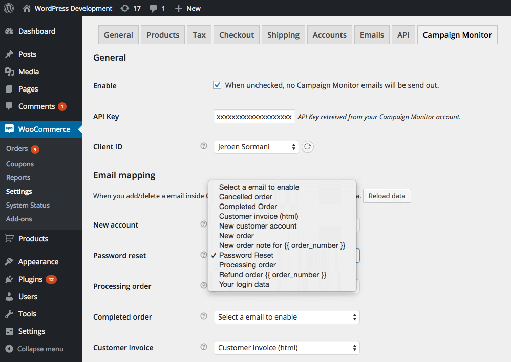 WooCommerce Campaign Monitor Email mapping settings