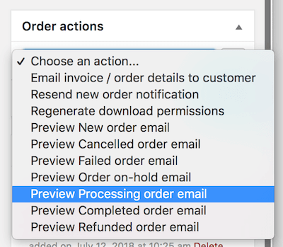 Order action list with 'Preview {type} email' options